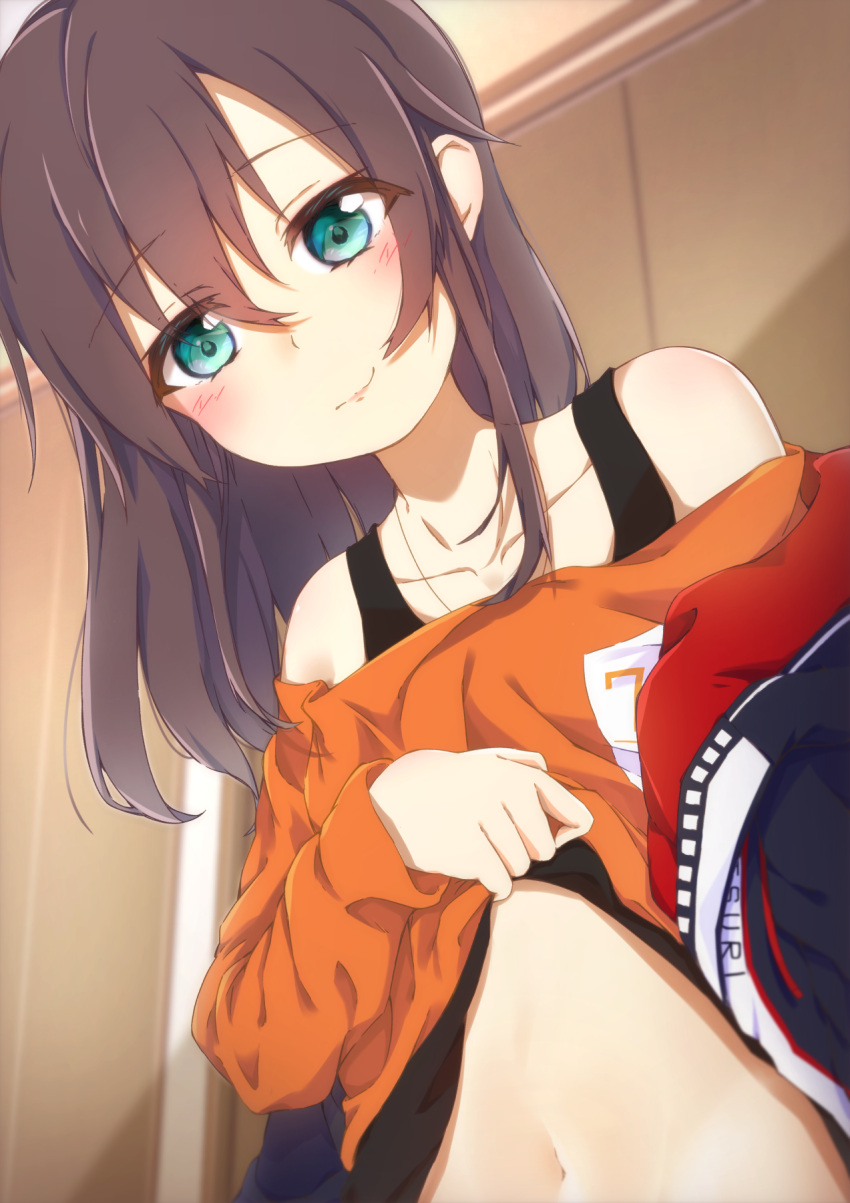 1girl, bare_shoulders, blue_eyes, brown_hair, casual, clothes_lift, collarbone, eyebrows_visible_through_hair, from_below, fuyuhi_uta, highres, hololive, jacket, jacket_partially_removed, long_hair, looking_at_viewer, midriff, natsuiro_matsuri, navel, shirt_lift, smile, solo, tank_top, upper_body, virtual_youtuber