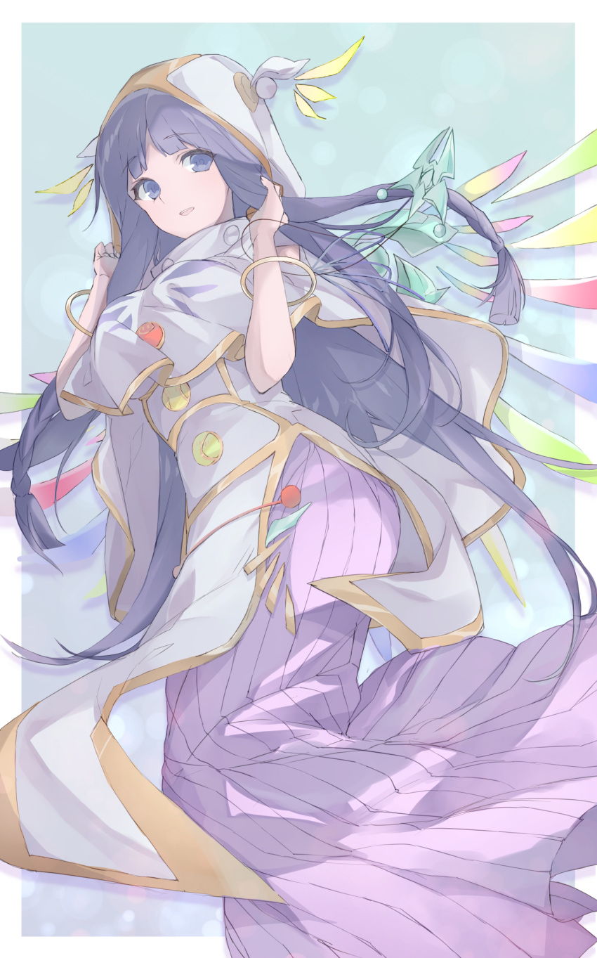 1girl, absurdres, bangs, border, bracelet, detached_wings, diviner_of_the_herald, dress, duel_monster, eyebrows_visible_through_hair, feet_out_of_frame, hands_up, highres, hood, hood_up, jewelry, long_hair, outside_border, pleated_dress, purple_hair, solo, solol, tsumayouji_(dekosoko), violet_eyes, white_border, wings, yu-gi-oh!