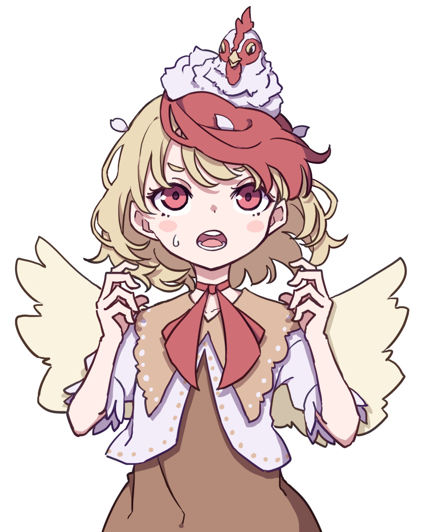 1girl, absurdres, animal_on_head, bird, bird_on_head, bird_tail, bird_wings, blonde_hair