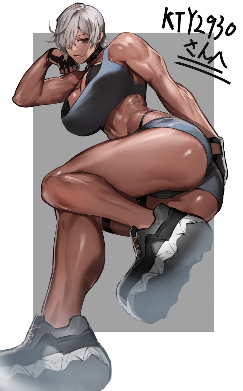 1girl, ass, border, bra, breasts, brown_eyes, commentary_request, dark-skinned_female, dark_skin, fingerless_gloves, full_body, gloves, grey_background, grey_hair, hair_over_one_eye, highres, kasei_yukimitsu, large_breasts, looking_at_viewer, muscular, muscular_female, original, short_hair, simple_background, solo, two-tone_background, underwear, white_border
