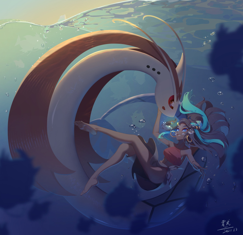 1girl, absurdres, air_bubble, barefoot, black_hair, blue_eyes, blue_eyeshadow, blue_hair, breasts, bubble, commentary_request, dark-skinned_female, dark_skin, dated, earrings, eyeshadow, freediving, highres, hoop_earrings, huan_biao_xiang, jewelry, long_hair, makeup, milotic, multicolored_hair, nessa_(pokemon), pokemon, pokemon:_twilight_wings, pokemon_(creature), soles, toes, two-tone_hair, underwater, water