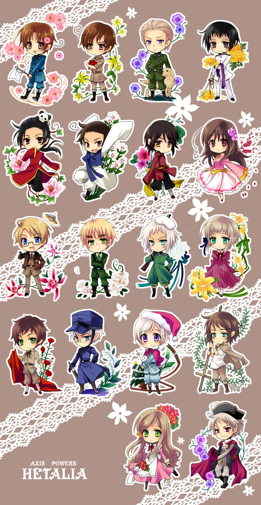 america, china, dress, finland, germany, greece, hetalia_axis_powers, hong_kong, hungary, japan, korea, liechtenstein, matsunoha, glasses, north_italy, prussia, south_italy, spain, sweden, switzerland, sword, taiwan, united_kingdom