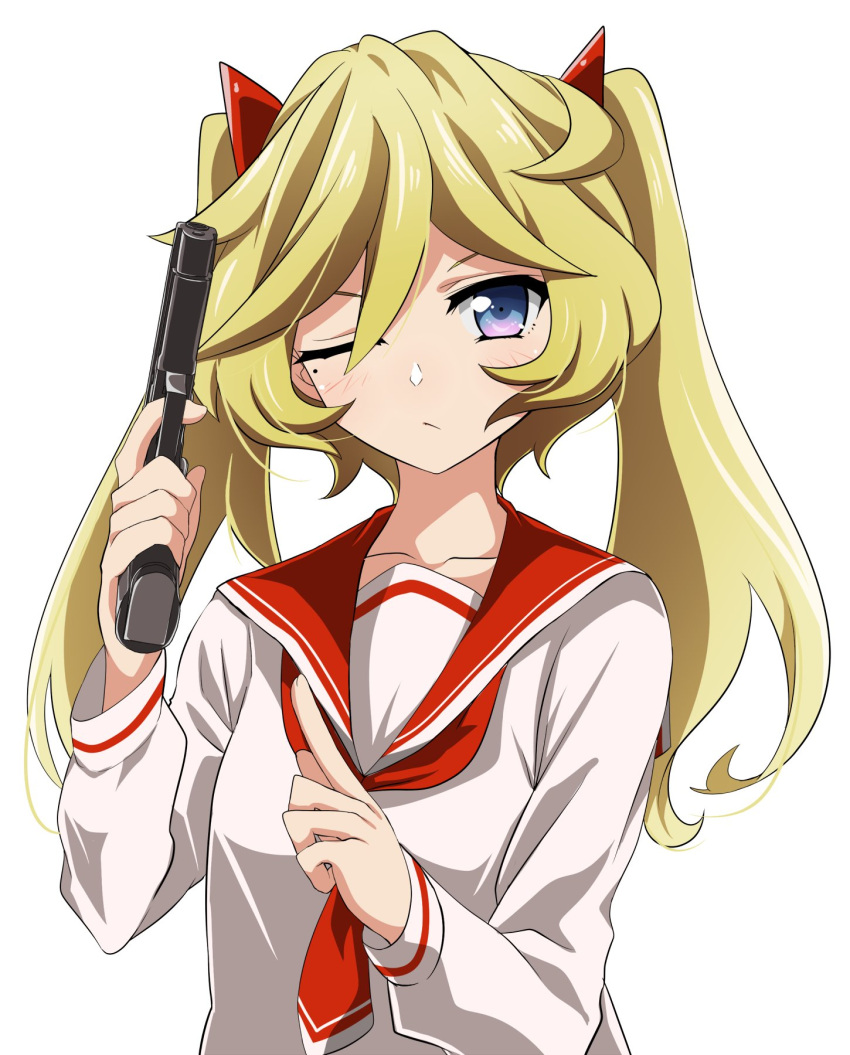 1girl, alternate_hairstyle, blonde_hair, blue_eyes, blush, breasts, closed_mouth, collarbone