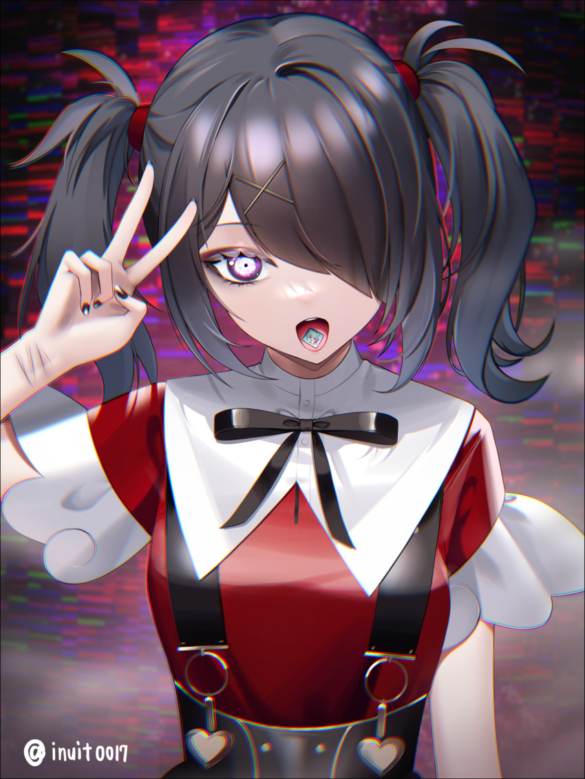 1girl, ame-chan_(needy_girl_overdose), black_hair, black_nails, blouse, drugs, hair_ornament, hairclip