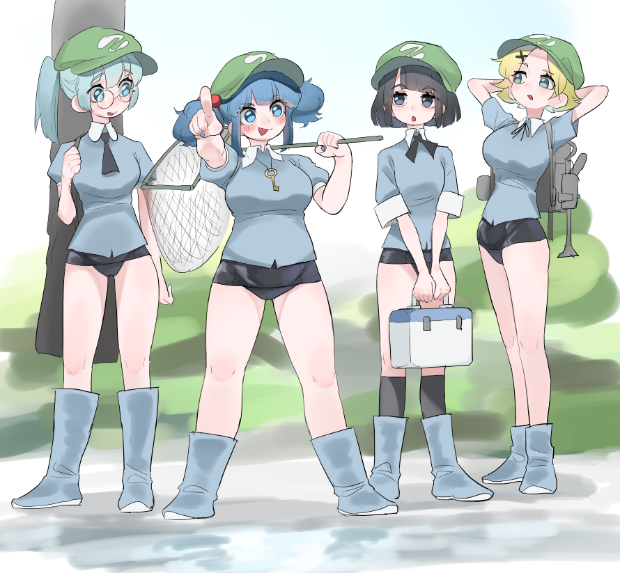 4girls, backpack, bag, black_hair, blonde_hair, blue_eyes, blue_hair, blue_shirt
