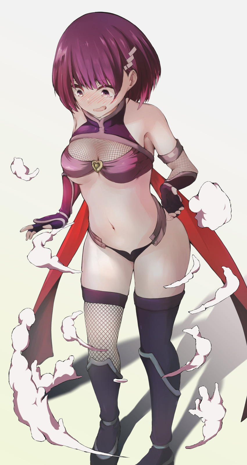 1girl, absurdres, asymmetrical_clothes, ayakashi_triangle, black_gloves, blush, bob_cut, commentary_request, embarrassed, fingerless_gloves, fishnet_legwear, fishnets, gloves, hair_ornament, hairclip, highres, kanade_suzu, kurony_(sirony), medium_hair, navel, purple_hair, simple_background, solo, standing, violet_eyes