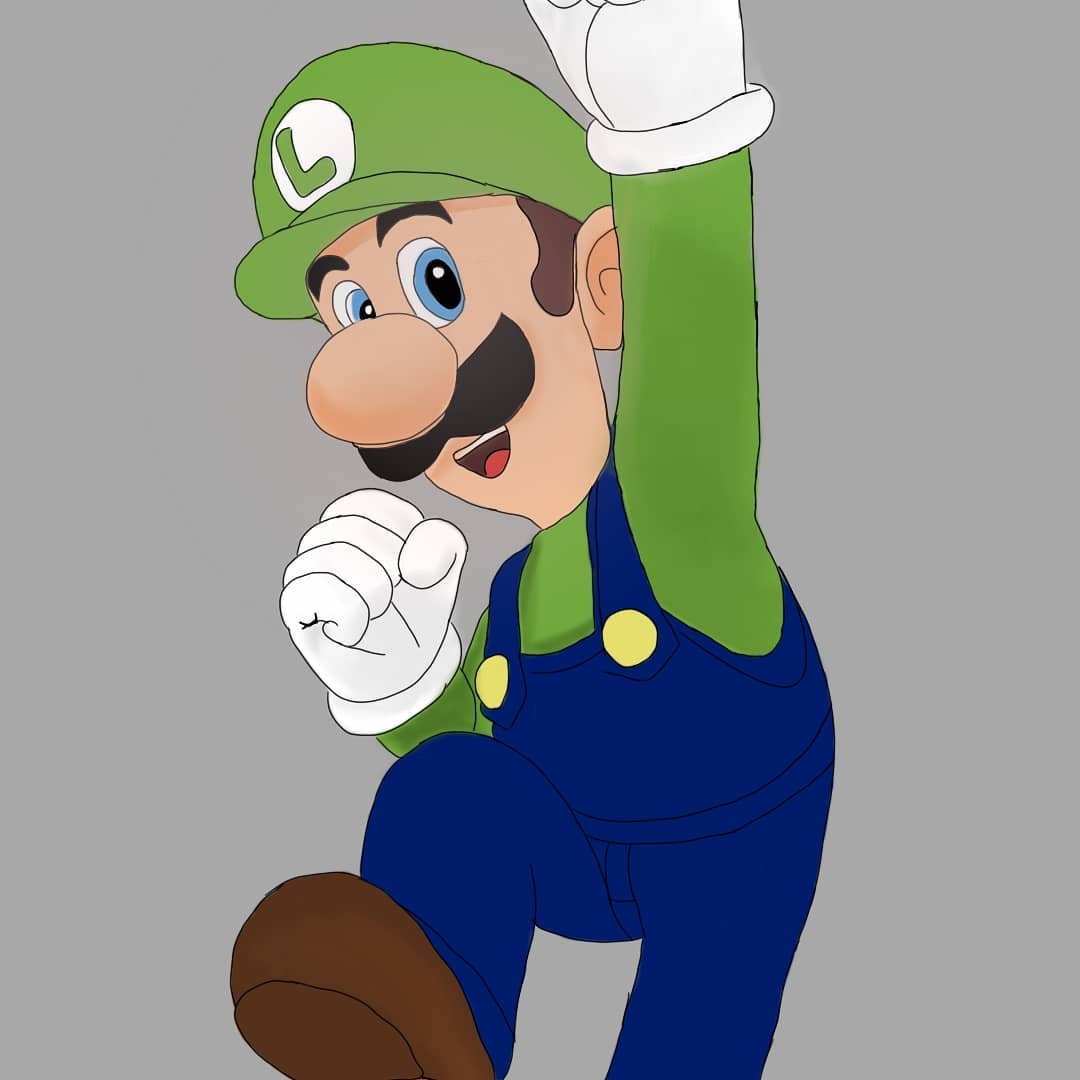 blue_eyes, brown_hair, fanart, green_hat, green_headwear, happy, luigi, male