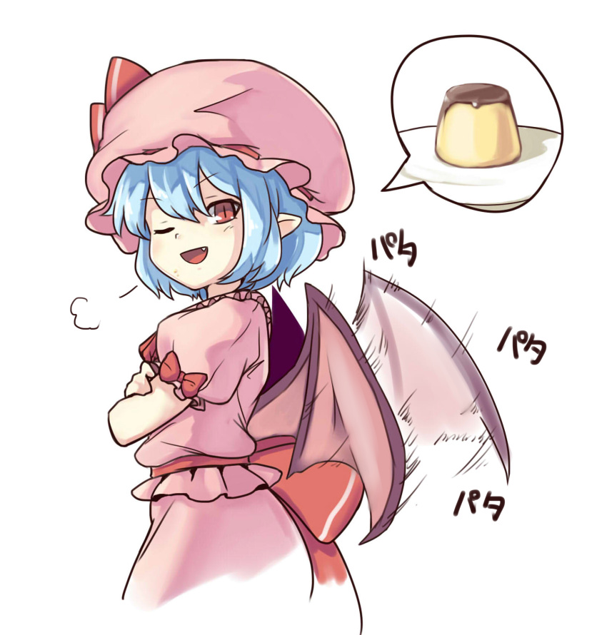 1girl, ascot, bat_wings, blue_hair, bow, crossed_arms, dress, embodiment_of_scarlet_devil, eyebrows_visible_through_hair, fang, flapping, food, frills, from_behind, hat, hat_ribbon, highres, looking_at_viewer, mirukuro092, mob_cap, one_eye_closed, open_mouth, pink_dress, pudding, puffy_short_sleeves, puffy_sleeves, red_bow, red_eyes, red_ribbon, remilia_scarlet, ribbon, ribbon_trim, short_hair, short_sleeves, simple_background, smile, smug, solo, touhou, vampire, white_background, wings