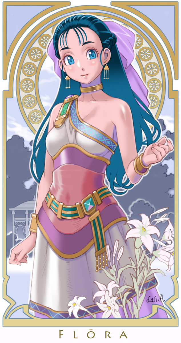 1girl, art_nouveau, bangs, bare_arms, bare_shoulders, blue_eyes, blue_hair, blush