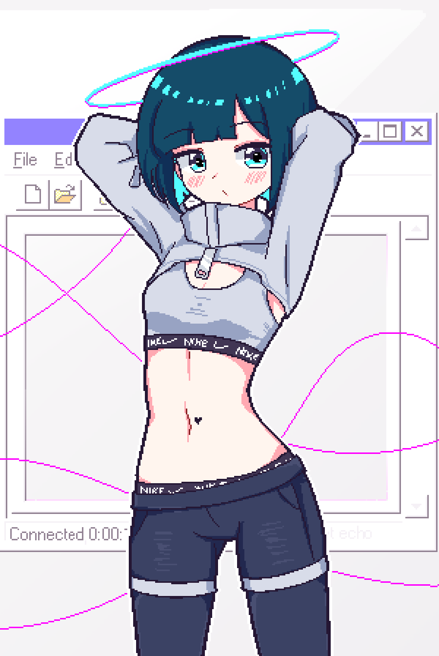 1girl, arms_behind_head, black_hair, blue_eyes, blush, chibikki, cropped_jacket, eyebrows_visible_through_hair, halo, highres, midriff, navel, original, pants, pixel_art, solo, sports_bra, window_(computing), yoga_pants, zipper_pull_tab