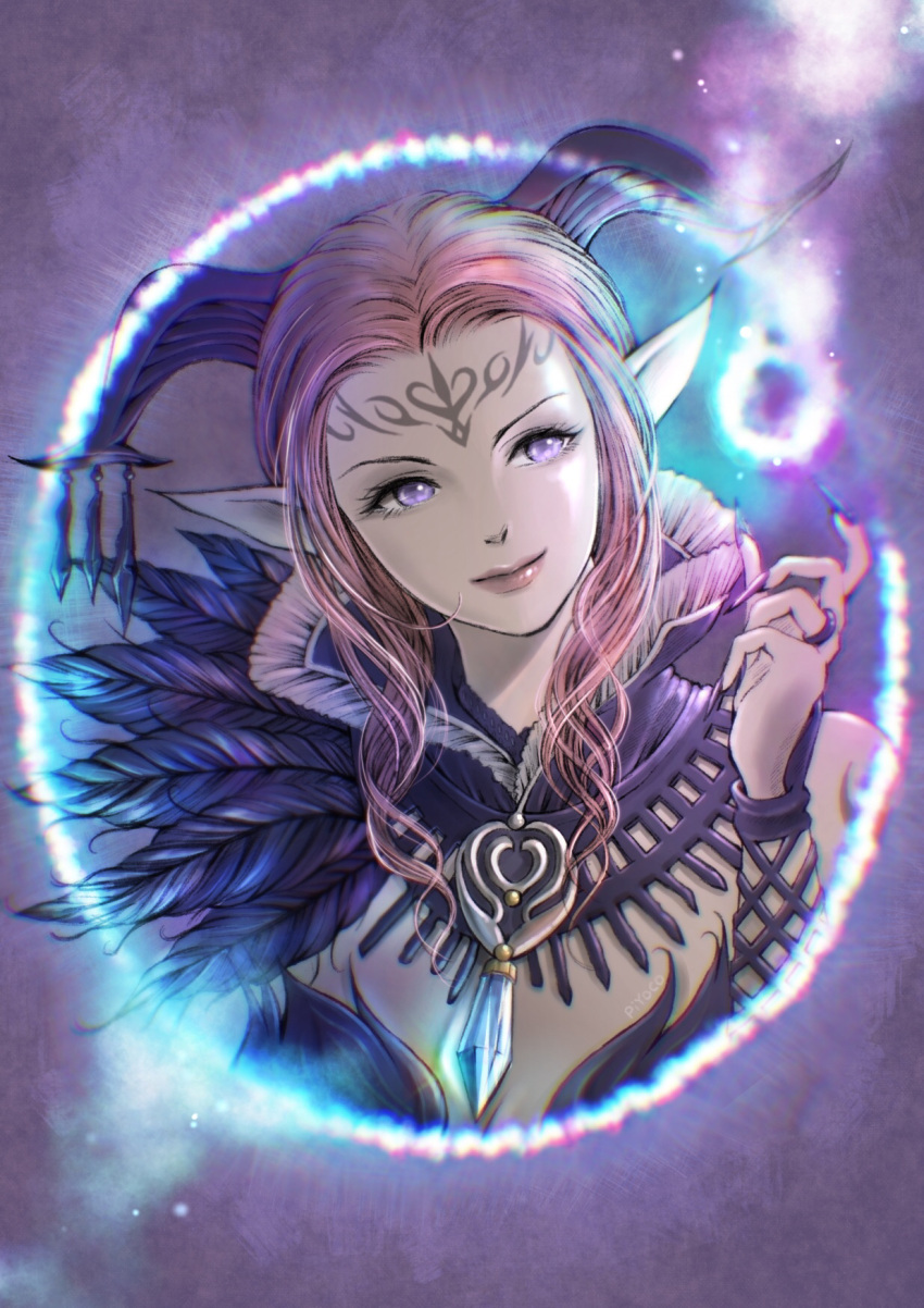 1girl, artist_name, black_feathers, black_horns, closed_mouth, crystal, demon_horns, facial_mark, feathers, final_fantasy, final_fantasy_xi, fingernails, forehead_mark, hair_intakes, hand_up, highres, horns, jewelry, lady_lilith, light_purple_eyes, lips, long_hair, pink_hair, pink_lips, piyoco, pointy_ears, purple_nails, ring, sharp_fingernails, smile, solo, upper_body