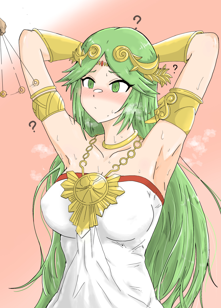armlet, armpits, bare_shoulders, blush, breasts, dress, forehead_jewel, green_eyes