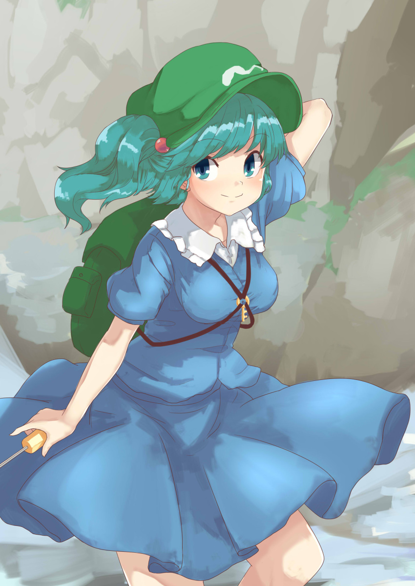 1girl, absurdres, arm_up, backpack, bag, bangs, blue_hair, blue_shirt