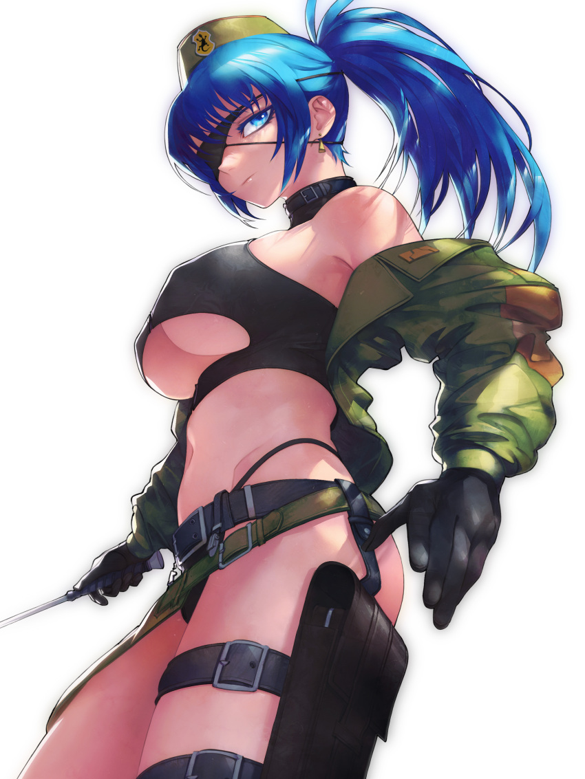 1girl, absurdres, bangs, belt, beret, black_gloves, blue_eyes, blue_hair