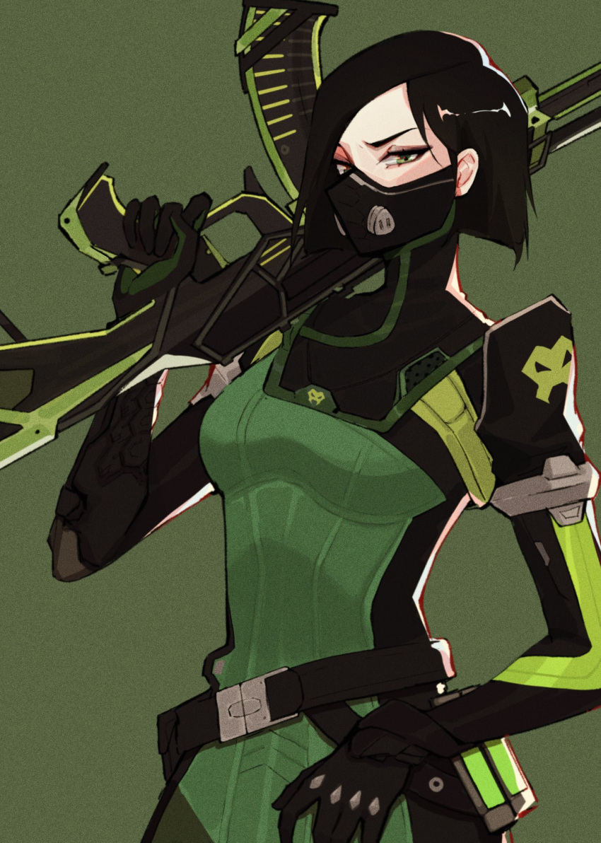 1girl, animification, black_hair, bodysuit, boots, gloves, green_background, green_bodysuit