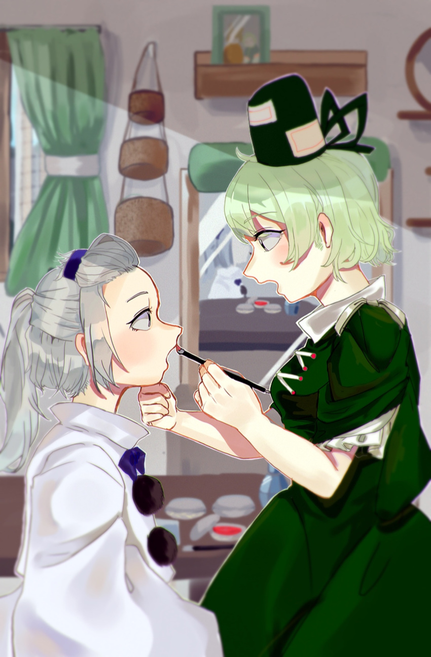 2girls, applying_makeup, bangs_pinned_back, blurry, blurry_background, blush, breasts, cowboy_shot