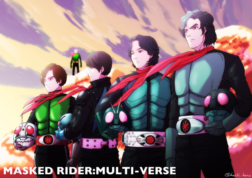 4boys, anniversary, bug, copyright, copyright_name, grasshopper, green_armor, heisei, helmet, highres, holding, holding_helmet, hongou_takeshi, kamen_rider, kamen_rider_1, kamen_rider_1_(shin), kamen_rider_spirits, kamen_rider_the_first, keishi_ozaki, male_focus, mask, mask_removed, medium_hair, multiple_boys, red_scarf, reiwa, scarf, shin_kamen_rider, short_hair, typhoon_(kamen_rider)
