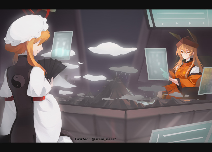 2girls, arong, bangs, black_headwear, black_tabard, blonde_hair, brown_headwear, cape