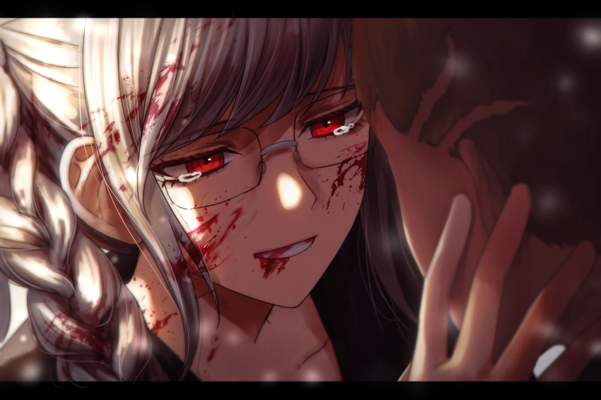 1boy, 1girl, bangs, blonde_hair, blood, blood_on_face, braid, collarbone
