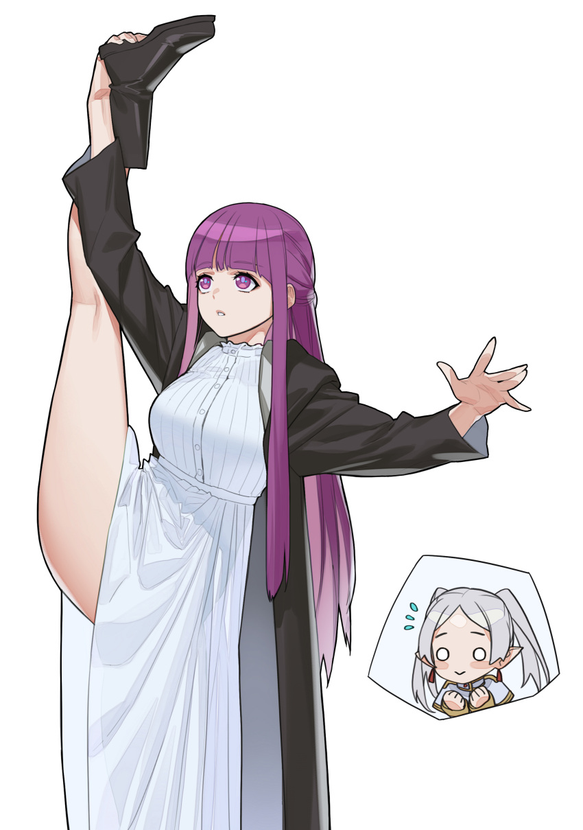 2girls, :>, absurdres, arm_up, balancing, bangs, bare_legs, black_coat, black_footwear, blunt_bangs, boots, breasts, chibi, chibi_inset, clenched_hands, coat, dress, earrings, elf, feet_out_of_frame, fern_(sousou_no_frieren), flexible, flying_sweatdrops, frieren, grey_hair, haje, half_updo, hand_on_own_foot, highres, jewelry, large_breasts, leg_hold, leg_up, long_hair, long_sleeves, looking_at_another, looking_away, looking_up, multiple_girls, o_o, open_clothes, open_coat, outstretched_arm, parted_lips, pointy_ears, purple_hair, simple_background, smile, solo_focus, sousou_no_frieren, split, standing, standing_on_one_leg, standing_split, straight_hair, stretch, tassel, tassel_earrings, twintails, very_long_hair, violet_eyes, white_background, white_dress