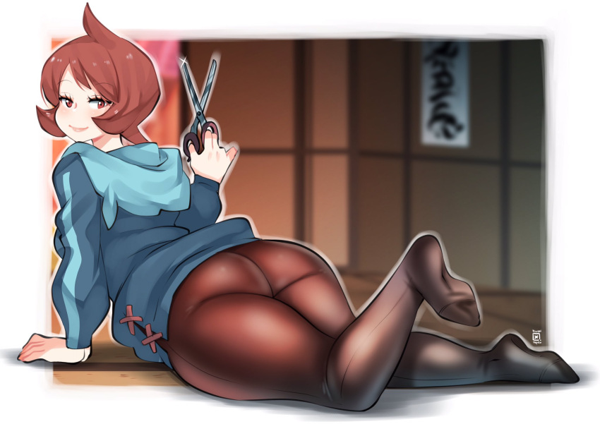1girl, ahoge, arezu_(pokemon), ass, diamond_clan_outfit, gradient, gradient_clothes, gradient_legwear