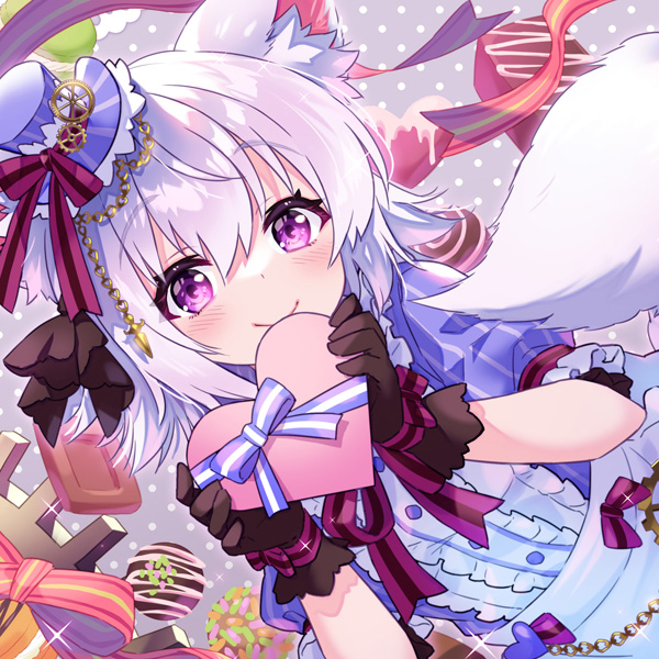 1girl, alba_mofu, animal_ear_fluff, animal_ears, bangs, black_gloves, blue_dress, blush
