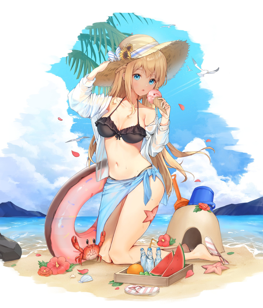 1girl, :o, absurdres, bangs, beach, bikini, bird, black_bikini