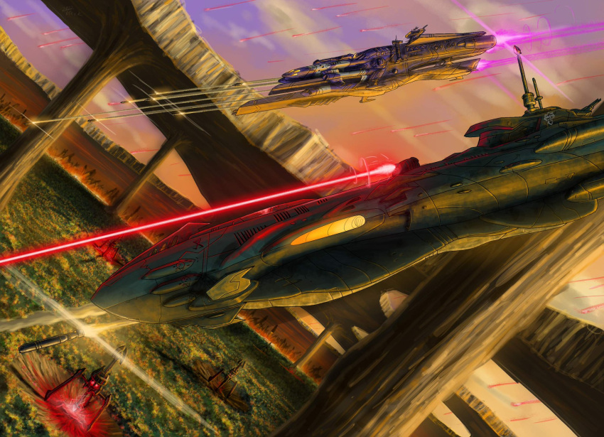 bomb, burobu-kun, commentary_request, flying, flying_saucer, gun, highres, laser