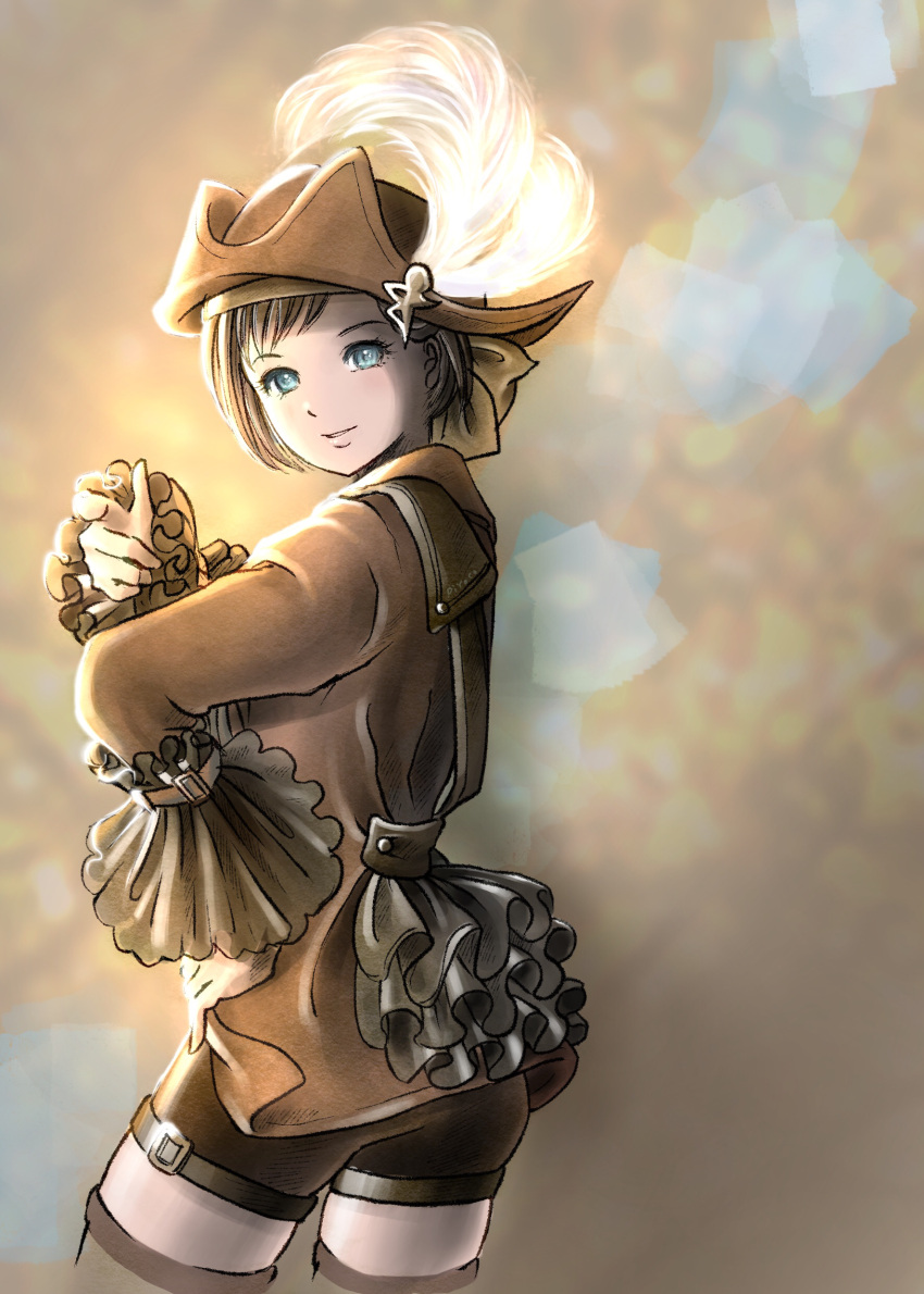1girl, absurdres, avatar_(ff11), black_shorts, brown_hair, brown_headwear, brown_legwear, corsair_(final_fantasy)