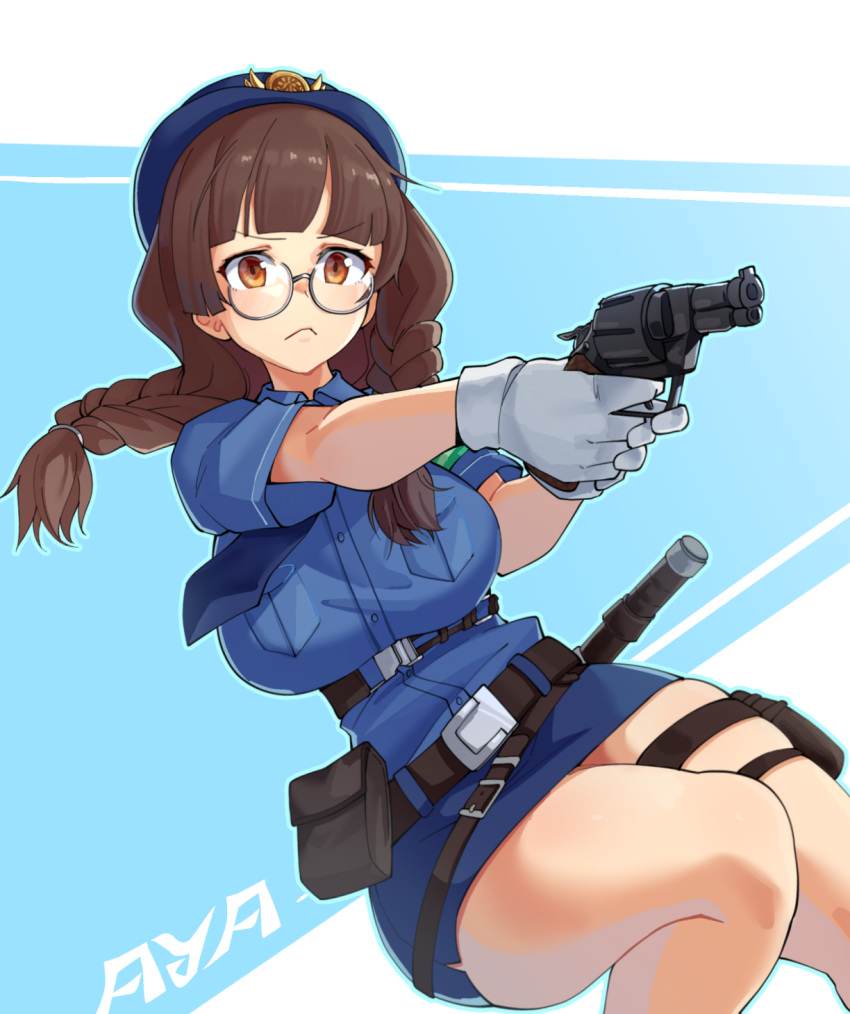 1girl, :<, ajidot, bangs, baton_(weapon), belt, black_survival, blue_shirt