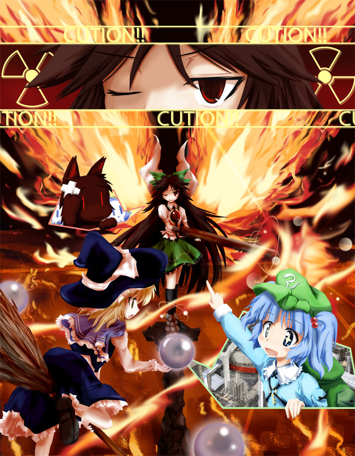 +_+, 3girls, arm_cannon, backpack, bag, bangs, black_footwear, black_headwear