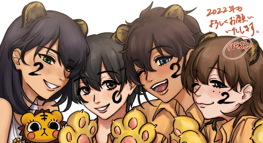 2022, 4girls, absurdres, animal_ears, animal_hands, artist_name, bangs, black_hair