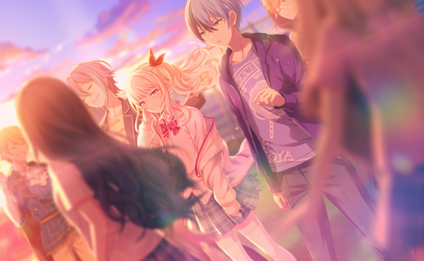 1other, 2girls, 4boys, adjusting_hair, akiyama_mizuki, aoyagi_touya, aqua_hair, arms_at_sides