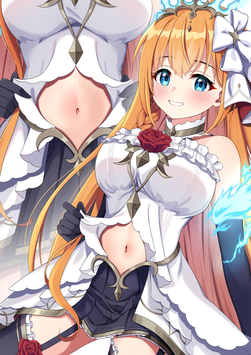1girl, ahoge, bangs, bare_shoulders, black_gloves, black_legwear, black_skin, blouse