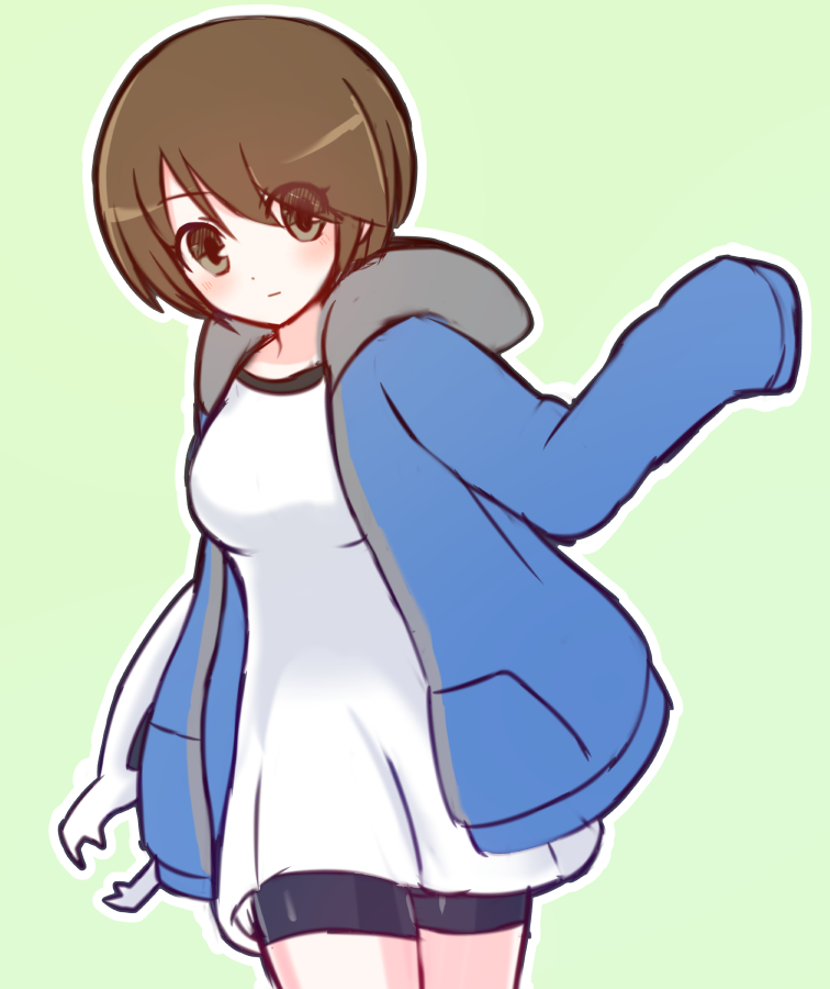 1girl, :|, bangs, bike_shorts, black_shorts, blue_hoodie, blush, breasts
