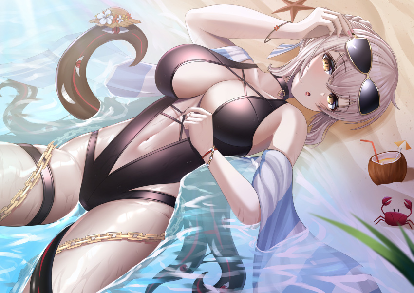 1girl, absurdres, alternate_costume, bangs, bare_shoulders, beach, black_choker, black_swimsuit