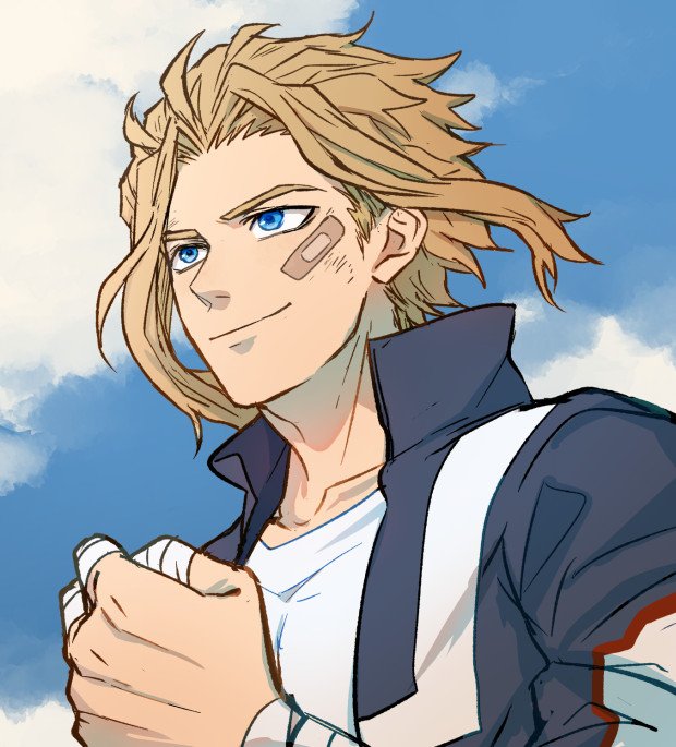 1boy, bandaged_fingers, bandaged_wrist, bandages, bandaid, bandaid_on_face, blonde_hair, blue_eyes