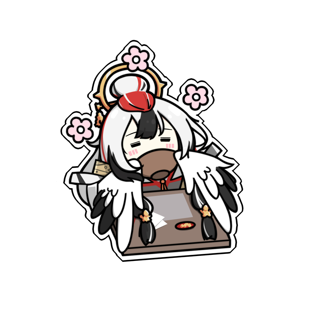 1girl, bangs, black_hair, black_wings, blush_stickers, bowl, chibi, closed_eyes, clover_theater, dlrs93, eating, feathered_wings, feathers, flower, hair_between_eyes, hair_bun, hair_ornament, hair_tubes, harpy, holding, holding_bowl, long_hair, monster_girl, multicolored_hair, satsuki_(clover_theater), sidelocks, simple_background, solo, table, two-tone_wings, white_background, white_hair, white_wings, winged_arms, wings