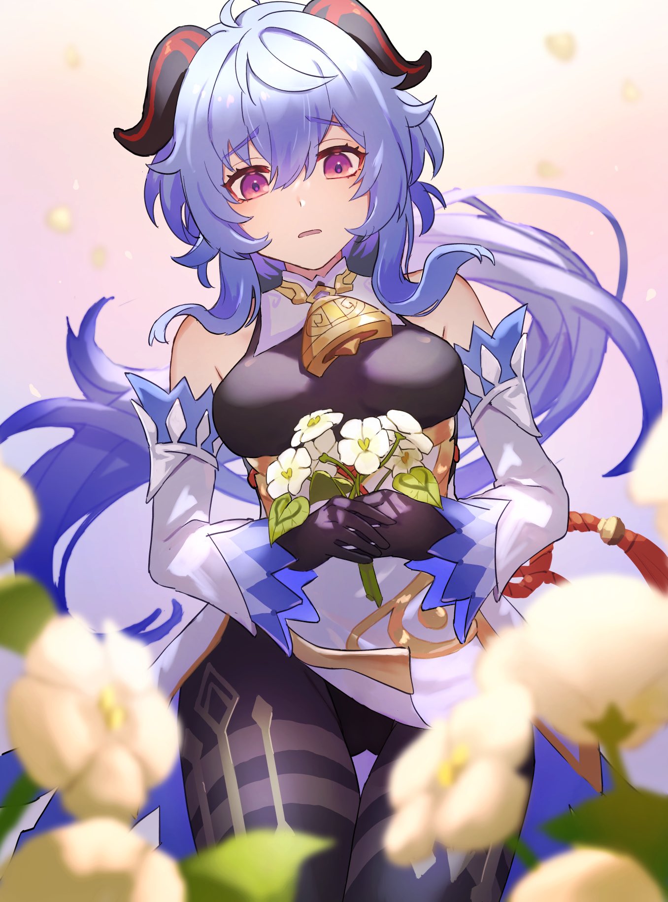 ahoge, ass_visible_through_thighs, bangs, bare_shoulders, bell, black_gloves, black_legwear, black_leotard, blue_hair, bodystocking, bodysuit, breasts, crotch, detached_sleeves, flower, ganyu_(genshin_impact), genshin_impact, gloves, gold_trim, highres, holding, holding_flower, horns, leotard, leotard_under_clothes, long_hair, looking_at_another, medium_breasts, neck_bell, oymng_5, parted_lips, pelvic_curtain, petals, qingxin_flower, red_rope, rope, sidelocks, solo, standing, tassel, thigh_gap, thighlet, violet_eyes, waist_cape, white_flower, white_sleeves