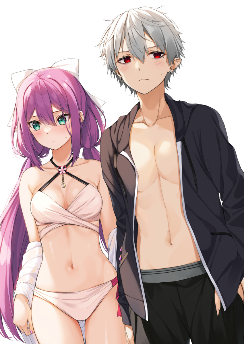 1boy, 1girl, bangs, bikini, blush, bow, breasts, closed_mouth
