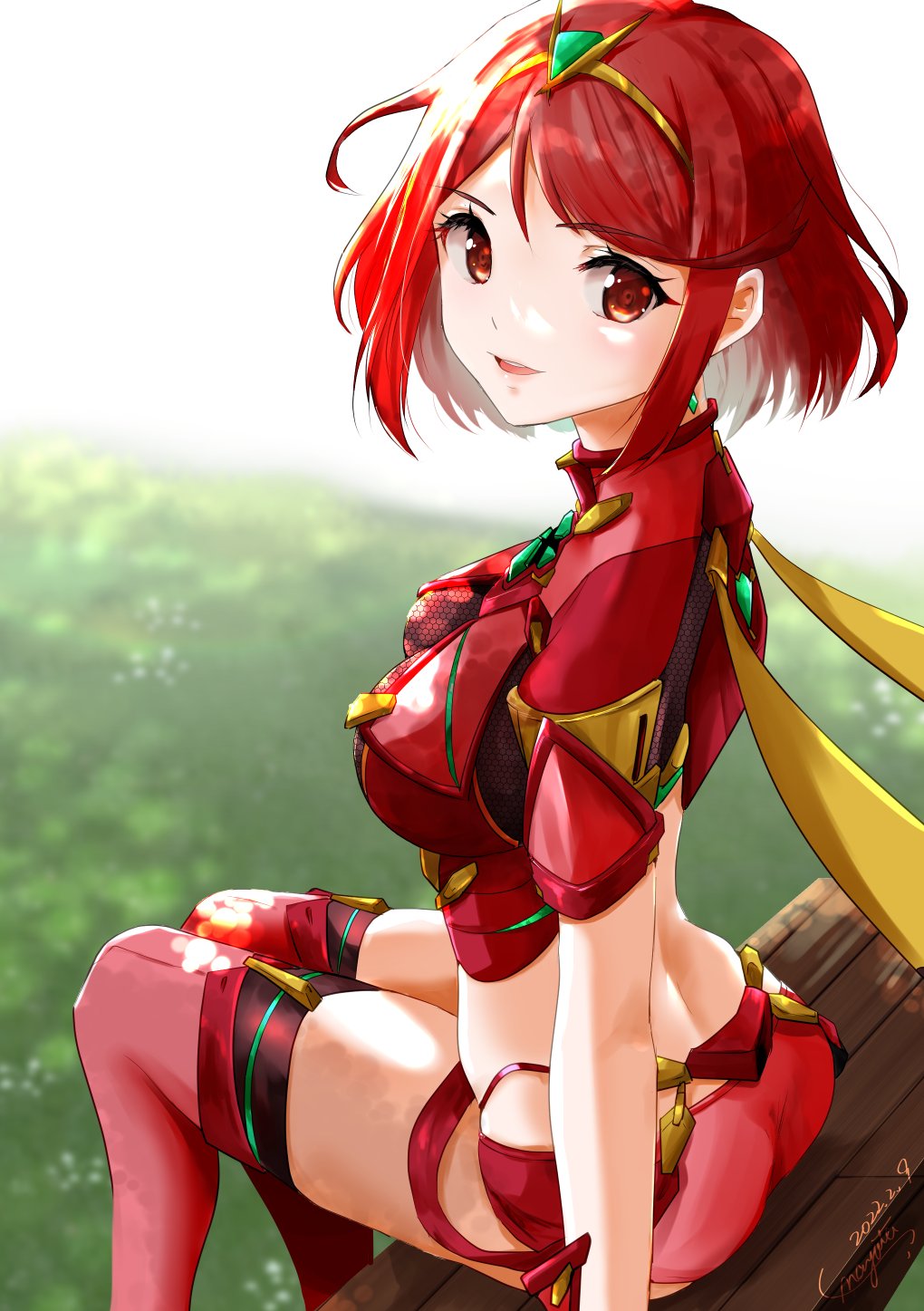 bangs, black_gloves, breasts, chest_jewel, earrings, fingerless_gloves, gem, gloves, headpiece, highres, jewelry, large_breasts, nayuta-kanata, pyra_(xenoblade), red_eyes, red_legwear, red_shorts, redhead, short_hair, short_shorts, shorts, swept_bangs, thigh-highs, tiara, xenoblade_chronicles_(series), xenoblade_chronicles_2