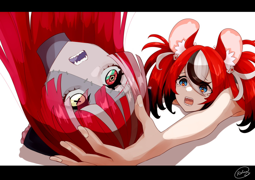 2girls, :o, animal_ear_fluff, animal_ears, asymmetrical_hair, bangs, black_hair, catching