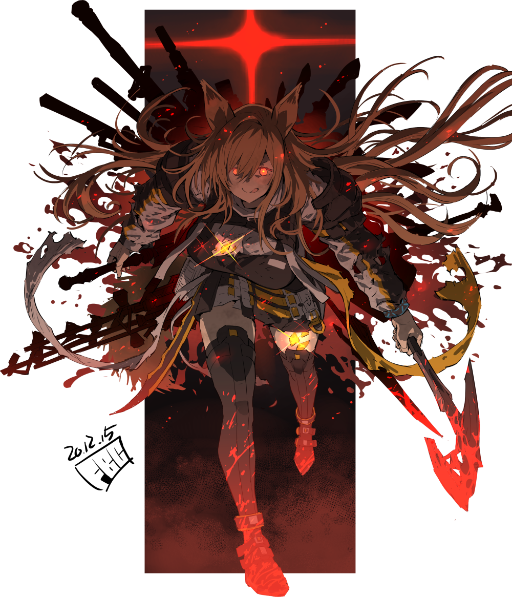 1girl, animal_ears, arknights, artist_name, axe, bangs, black_footwear, black_legwear