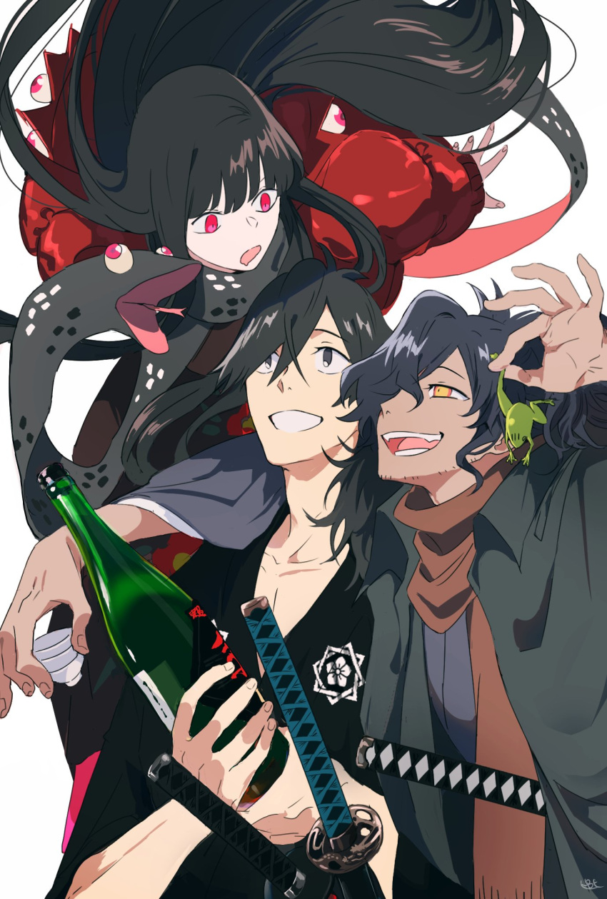 black_hair, carrying, fate/grand_order, fate_(series), flying, frog, highres, jacket
