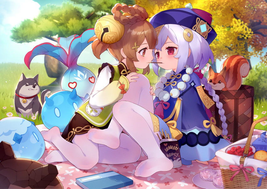 2girls, animal, bangs, bell, blue_bow, blue_ribbon, blush, book