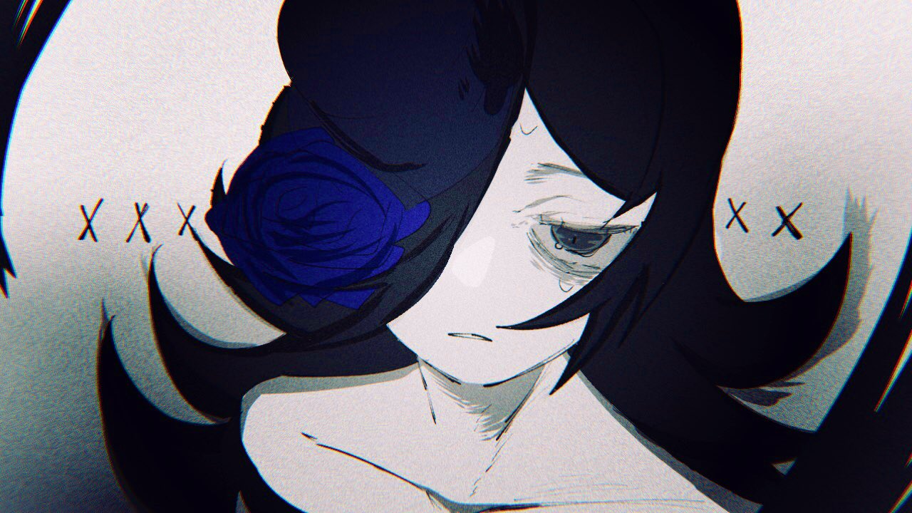 1girl, bare_shoulders, blue_flower, blue_headwear, blue_rose, brown_hair, collarbone, flower