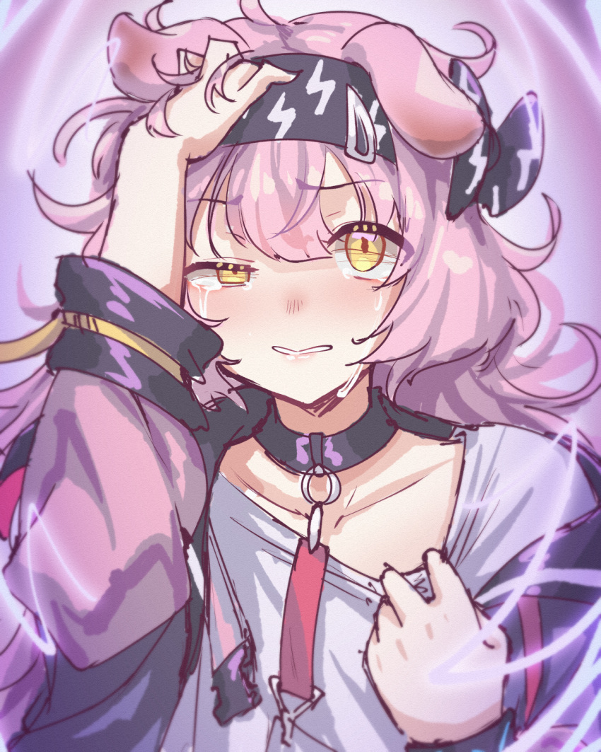 1girl, animal_ears, arknights, black_bow, black_choker, black_hairband, black_jacket, blush
