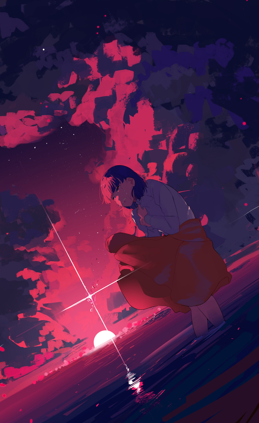 1girl, absurdres, blue_eyes, clenched_teeth, clothes_lift, clouds, commentary, crying
