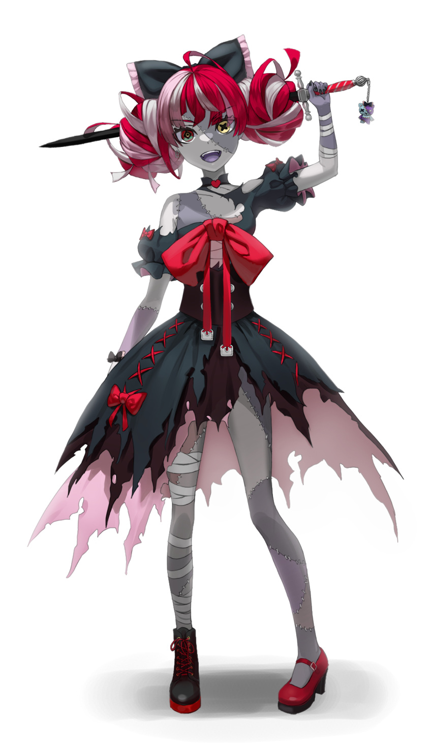 1girl, ahoge, asymmetrical_footwear, bandaged_leg, bandages, bangs, bare_shoulders, black_dress