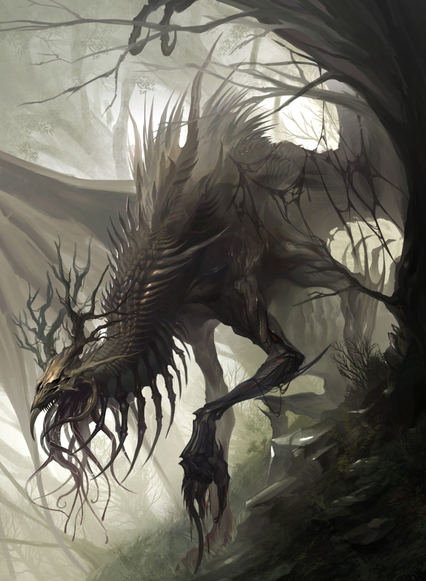 claws, colored_skin, creature, creature_and_personification, elemental_(creature), fog, forest, grey_skin